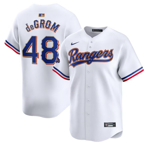 Men's Texas Rangers #48 Jacob deGrom White 2024 Gold Collection Cool Base Stitched Baseball Jersey Men's Texas Rangers #48 Jacob deGrom White 2024 Gold Collection Cool Base Stitched Baseball Jersey